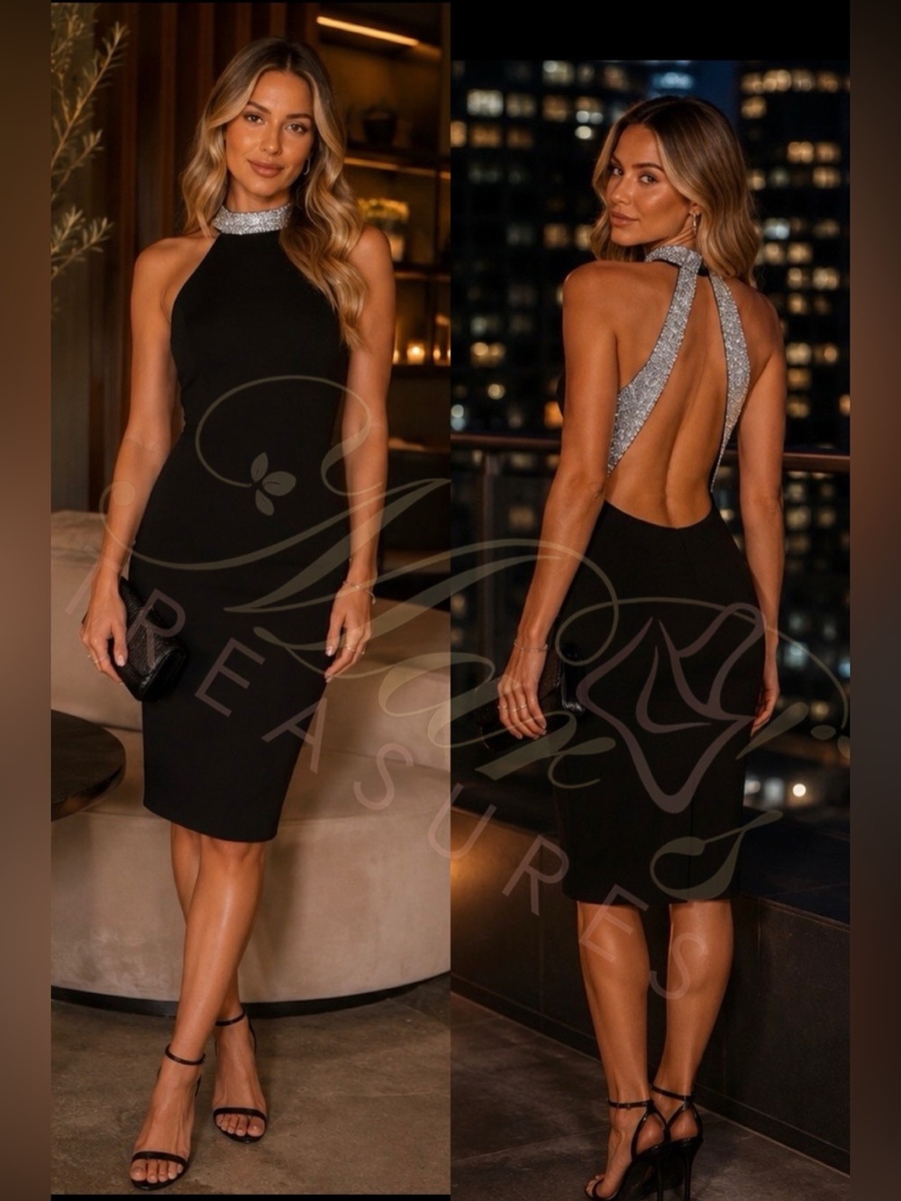 MESHKI Black Silver Rhinestone Open Back Halter Cocktail Dress